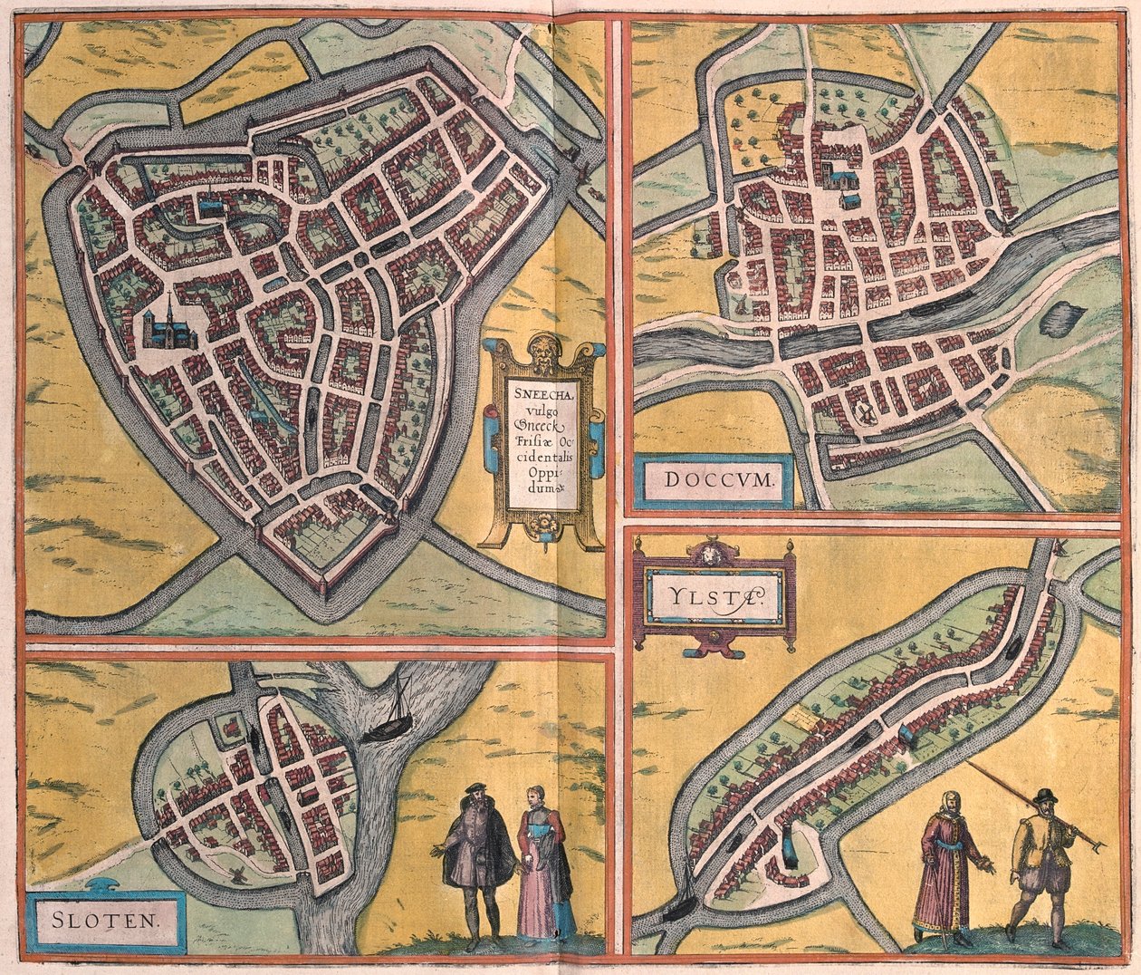 Sneek, Doccum, Sloten, Ijlst, Alankomaat - Georg Braunin teoksessa "Civitates Orbis Terrarum", Köln 1617. tekijältä Georg Braun