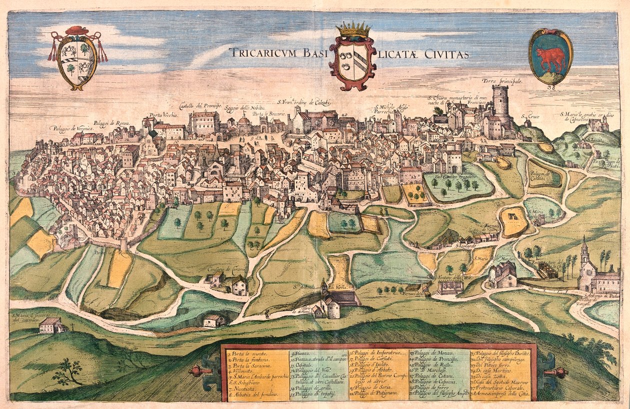 Tricarico, Italia - Georg Braunin teoksessa "Civitates Orbis Terrarum", Köln 1617. tekijältä Georg Braun