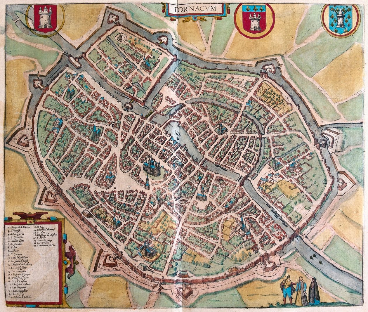 Turnai, Belgia - Georg Braunin kirjoittamassa teoksessa "Civitates Orbis Terrarum", Köln 1617. tekijältä Georg Braun