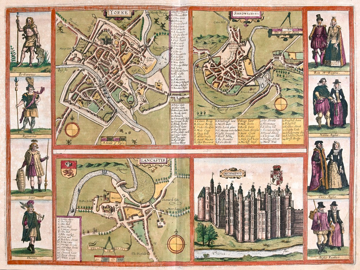 York, Shrewsbury, Lancaster ja Richmond, Englanti - teoksessa "Civitates Orbis Terrarum", Georg Braun, Köln 1617. tekijältä Georg Braun