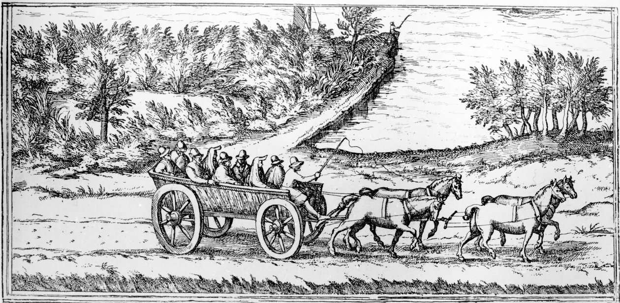 Linja-auto matkustajien kanssa Ranskassa, yksityiskohta kartasta, 1500-luvun loppu tekijältä Georg Braun und Franz Hogenberg