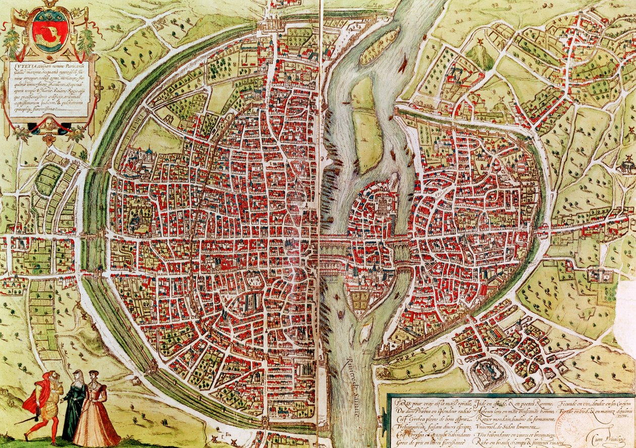 Pariisin kartta Civitates orbis terrarrumista, kirjoittaneet Georg Braun (1541-1622) ja Franz Hogenbergh (1540-92), ranska, 1572-1617 tekijältä Georg Braun und Franz Hogenberg