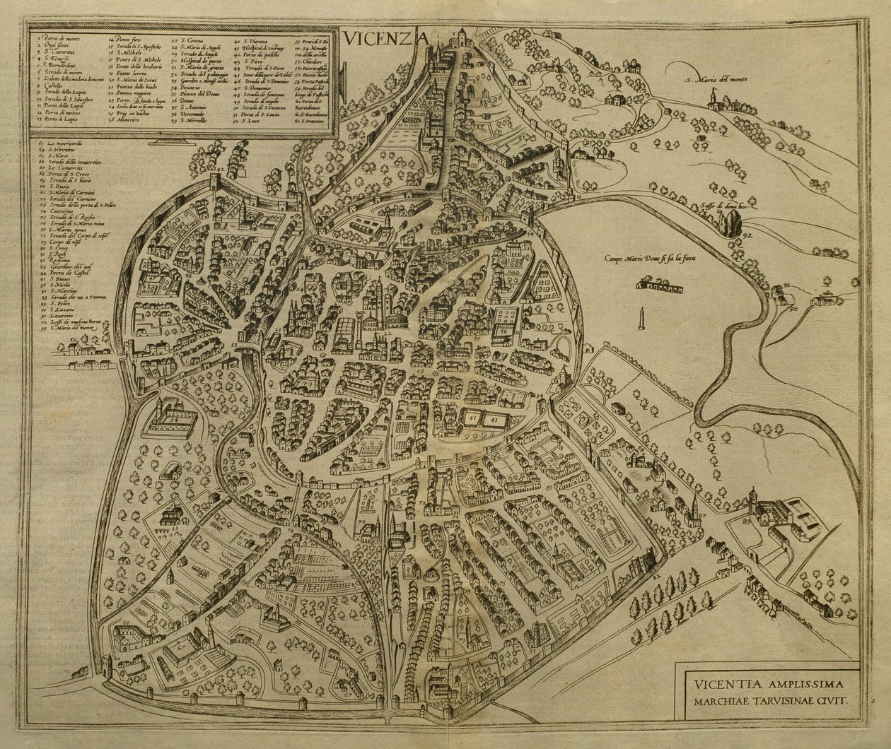Vicenzan kartta, kuvitus artikkelista "Cities of the World", n. 1580 tekijältä Georg Braun und Franz Hogenberg