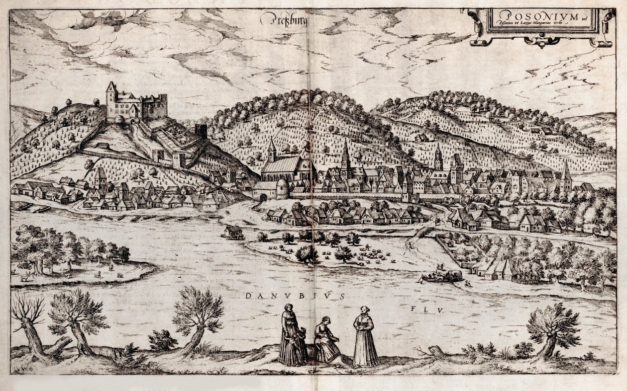 Pressburg Bratislava. Lähde: Maailman maanjäristys, 1588 tekijältä Georg Braun und Franz Hogenberg