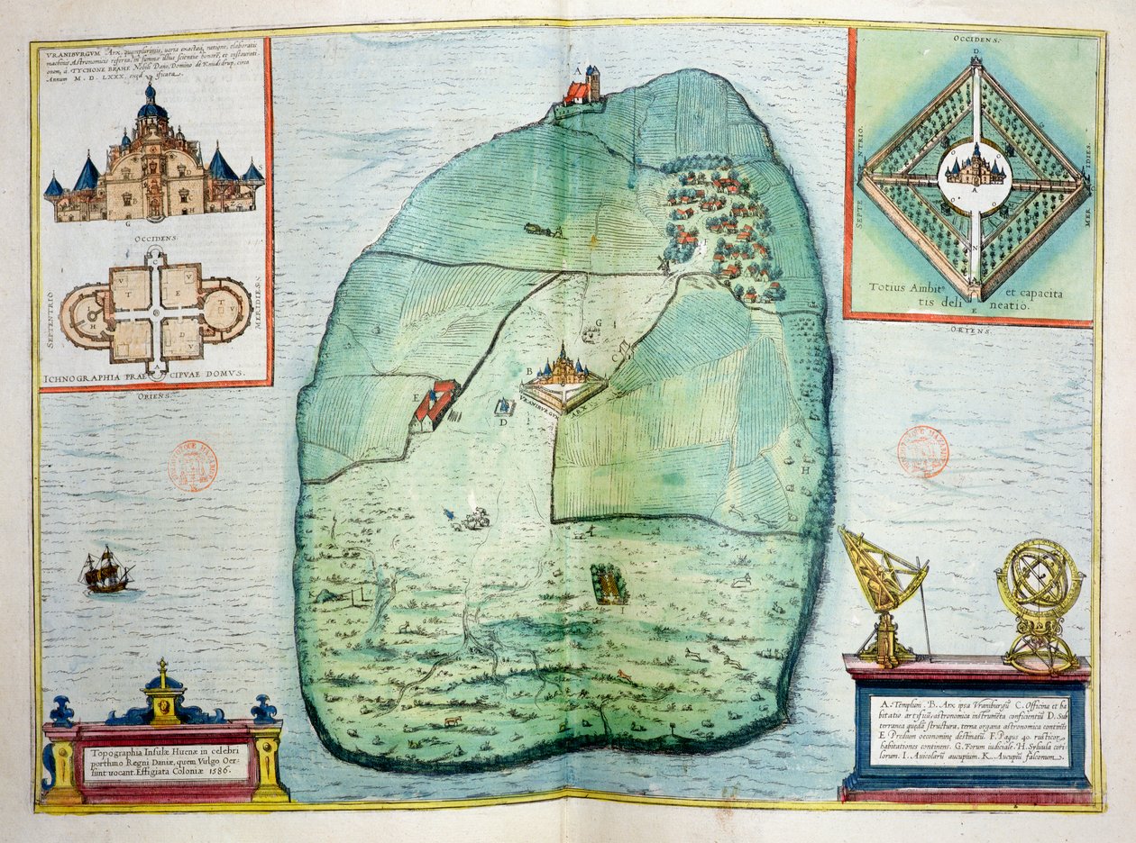 Uraniborgin linna ja observatorio Hvenin saarella Tanskassa, rakennutti noin 1584 Tycho Brahe (1546-1601), Urbium Praecipuarum Mundi Theatrum Quintumista, julkaistu Köln, 1598 (väri) tekijältä Georg Braun und Franz Hogenberg