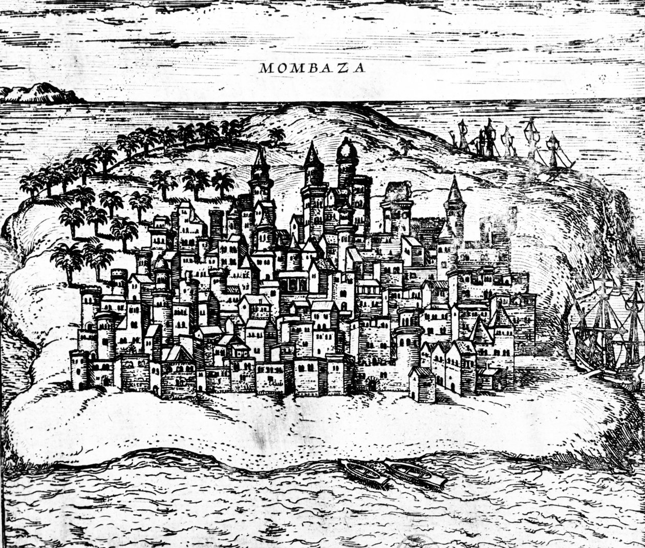 Näkymä Mombazasta, Georg Brauns Civitates orbis terrarum, julkaistu vuonna 1572, kaiverrus yksityiskohta numerosta 483404 tekijältä Georg Braun und Franz Hogenberg