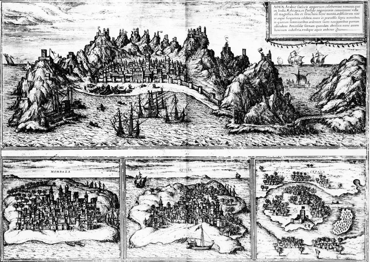 Näkymiä Adeniin, Mombazaan, Quiloaan ja Cefalaan Georg Braunin vuonna 1572 julkaistusta Civitates orbis terrarumista tekijältä Georg Braun und Franz Hogenberg