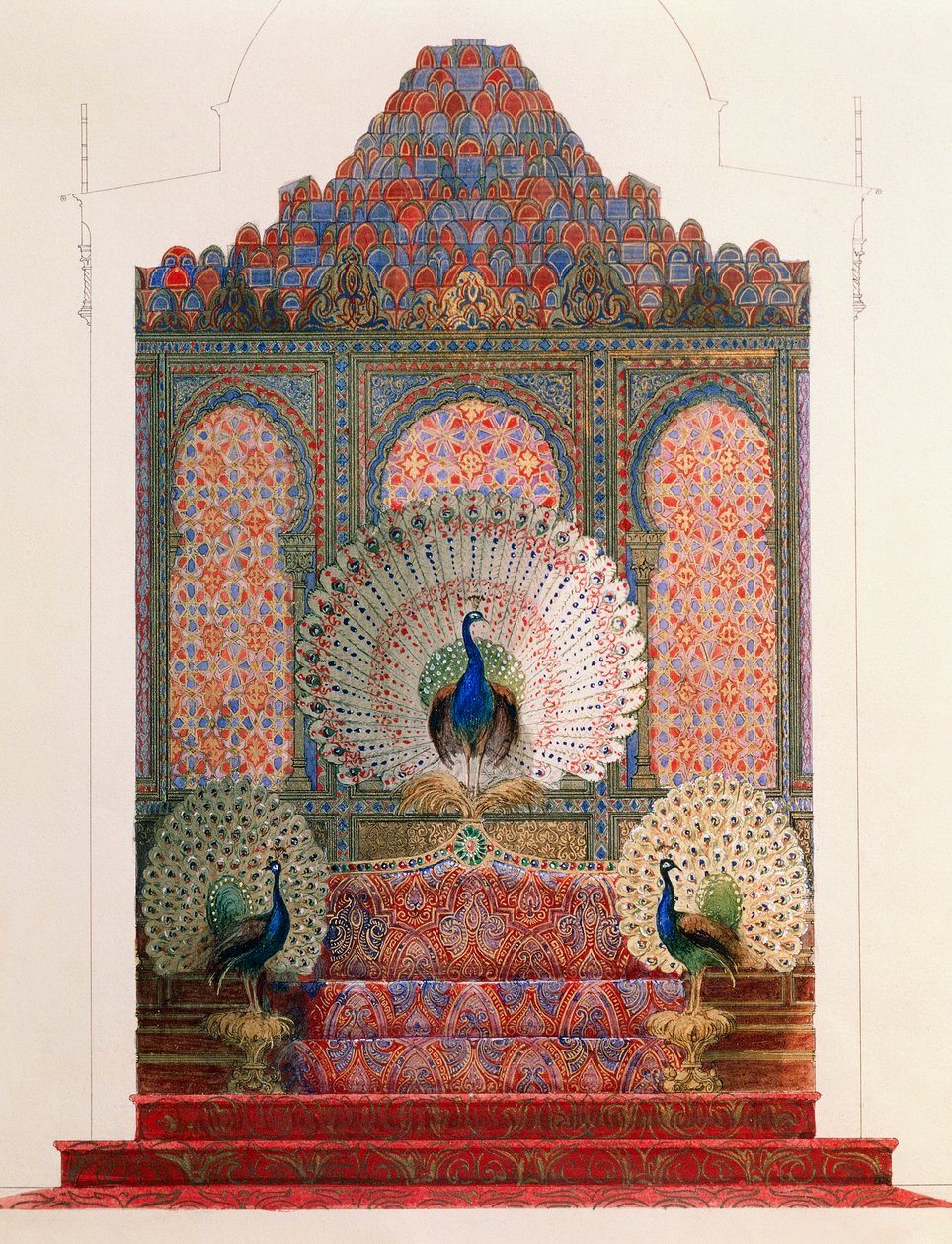 Suunnittelu Peacock Throne of maurien luostarille Ludwig II:n kuninkaalliseen linnaan Linderhofissa tekijältä Georg Carl Heinrich Dollmann