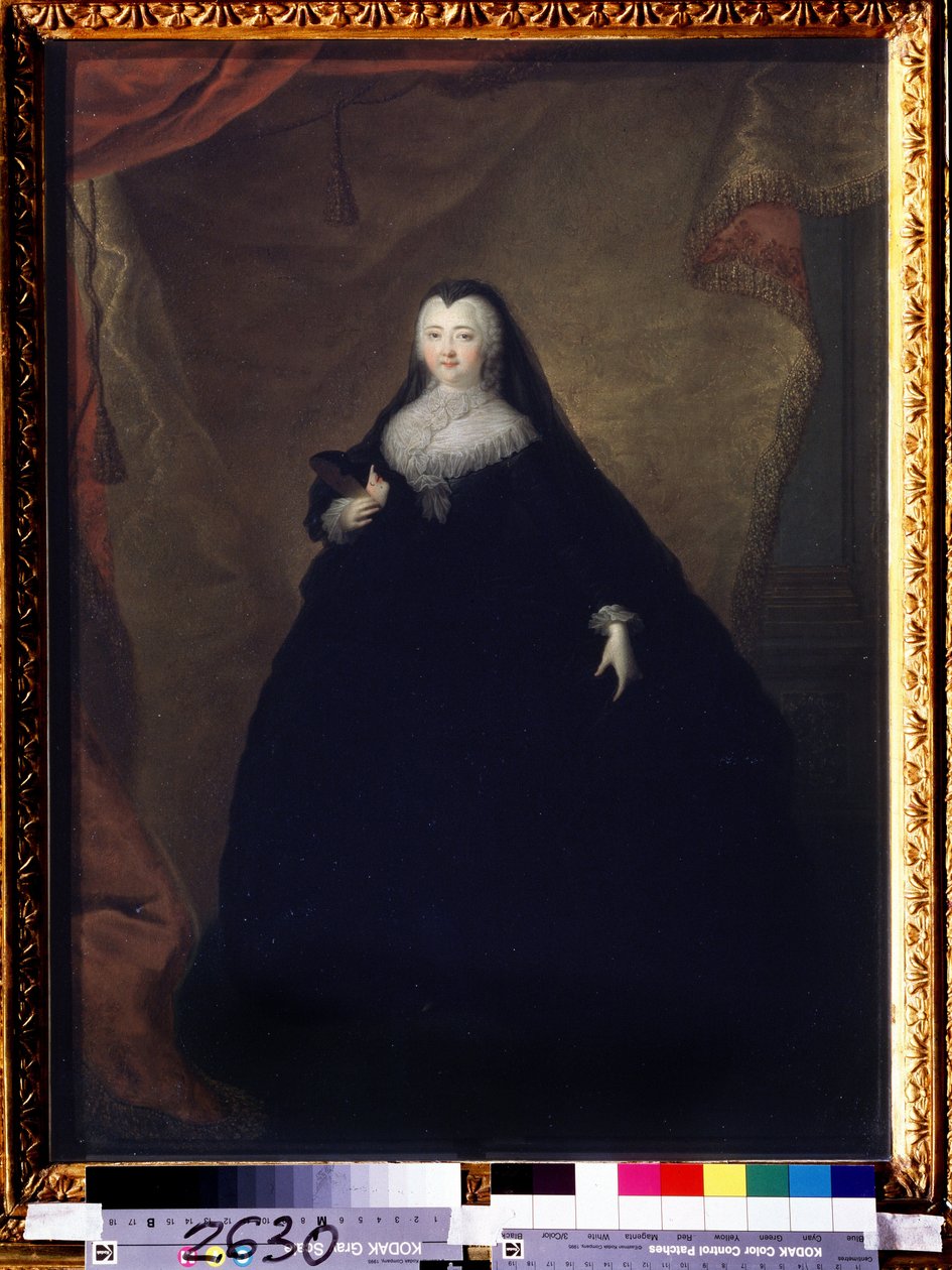 ""Elisabeth Petrovnan (1709-1762) muotokuva Venäjän keisarinnasta Elisabeth I:n nimellä, Pietari Suuren tytär"" Hän on naamioitunut, pitää maskia kädessään. Georg-Christophin (Georg Christoph) Groothin (1716-1749) maalaus 1748 State Tretyakov G tekijältä Georg Christoph Grooth