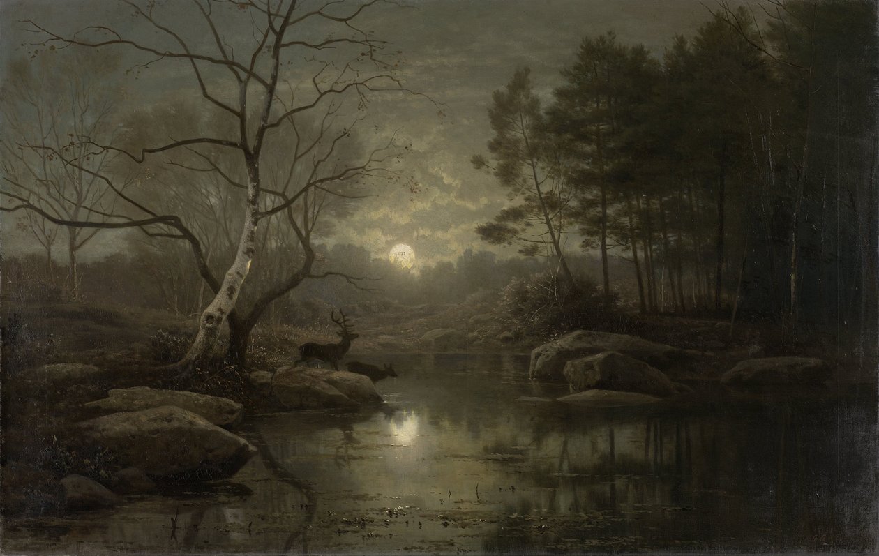 Metsämaisema kuunvalossa tekijältä Georg Eduard Otto Saal