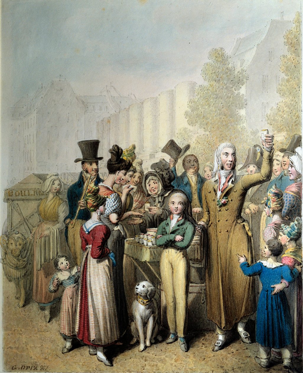 Boulevard de la Madeleine, George Emanuel Opitzin (1775-1841) Charlatan Litografia 1831 Pariisi. Karnevaalimuseo tekijältä Georg Emanuel Opitz