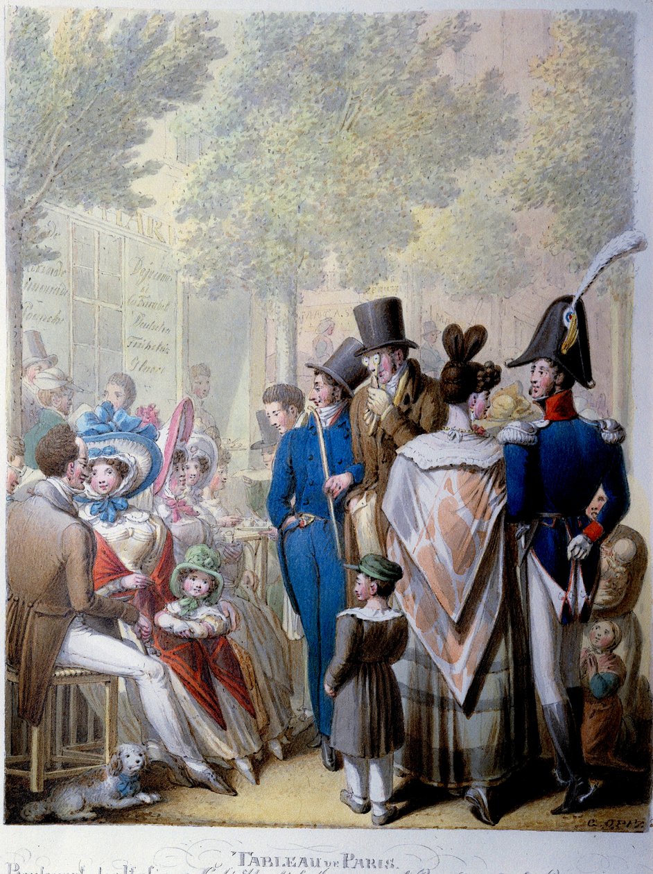 Boulevard des Italians, kahvila Hardy Pariisissa 1800-luvulla. Saksalaisen Georg Emanuel Opitzin litografia (1775-1841) tekijältä Georg Emanuel Opitz