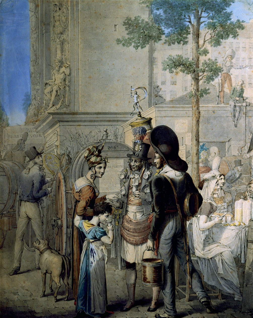 Kookoskauppias Porte Saint Denis Pariisissa. Vanha kookoskuppeja myyvä kauppa Pariisin kaduilla. Piirustus saksalainen George Emanuel Opitz (1775-1841), Pariisi. Carnavalet-museo tekijältä Georg Emanuel Opitz