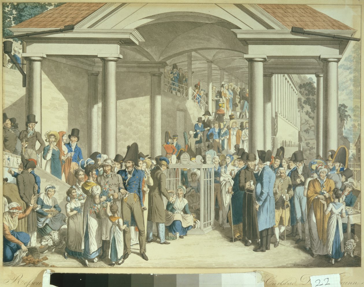 Terveysyhteisö Karlsbaderin suihkulähteellä, 1810 (akvatintapiirros) tekijältä Georg Emanuel Opitz