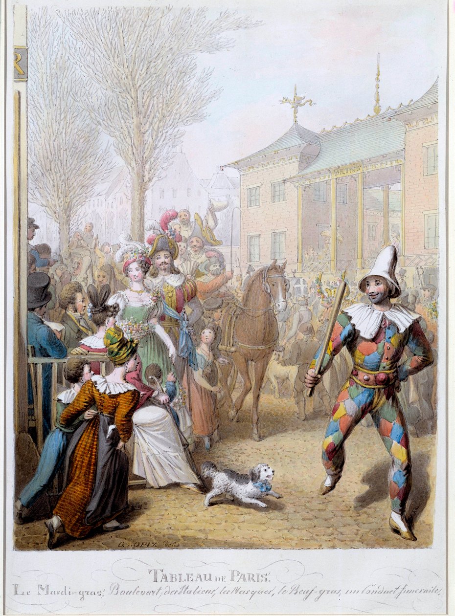 Mardi Gras Boulevard des Italiansilla Pariisissa Kuvitus George Emanuel Opitz (1775-1841) 1800-luvun Pariisi, Musee Carnavalet tekijältä Georg Emanuel Opitz