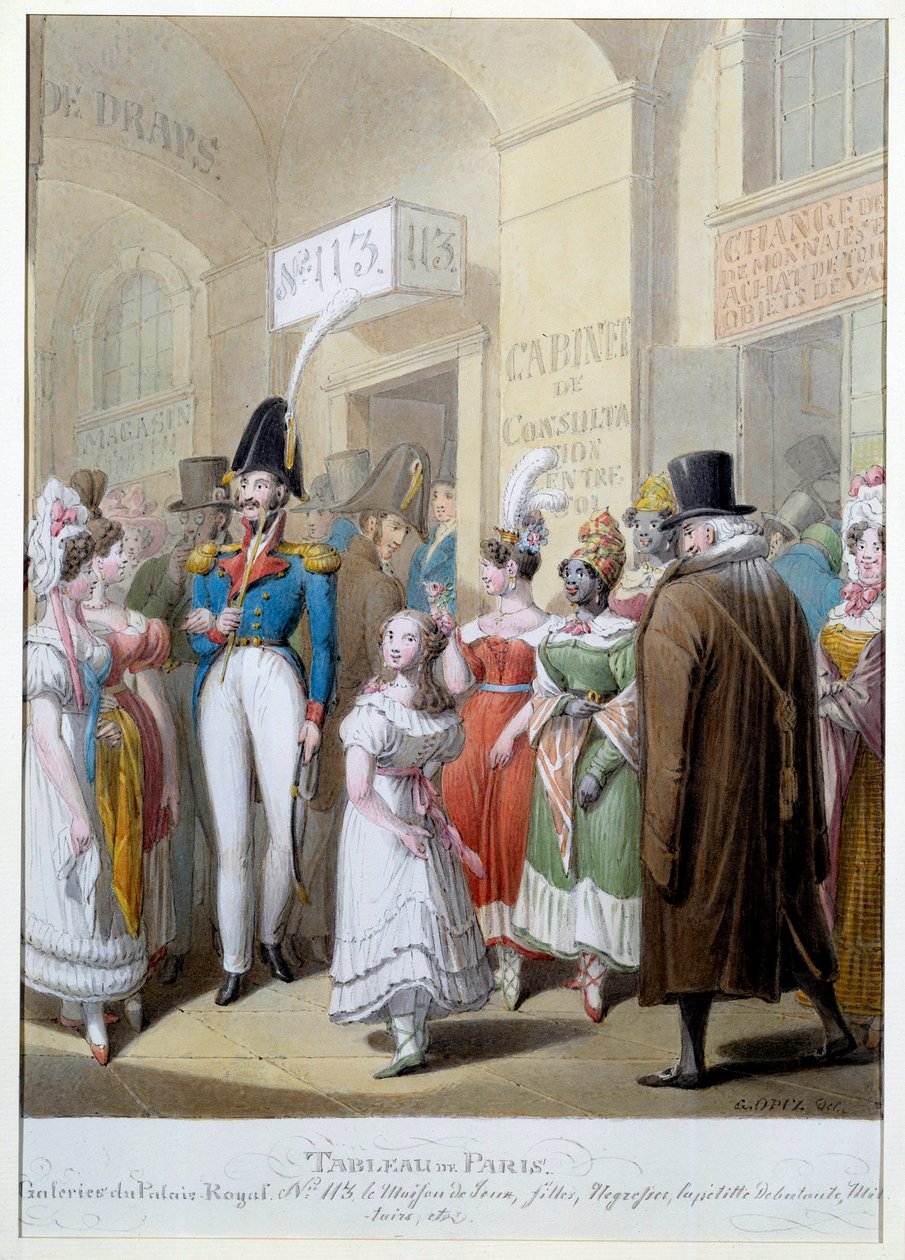 Pariisin maalaus: Palais Royalin galleriat Pariisissa. Miehet kävelevät katetun käytävän läpi tapaamaan prostituoituja. Kuvitus George Emanuel Opitz (1775-1841) 1800-luvun Pariisi, Musee Carnavalet tekijältä Georg Emanuel Opitz