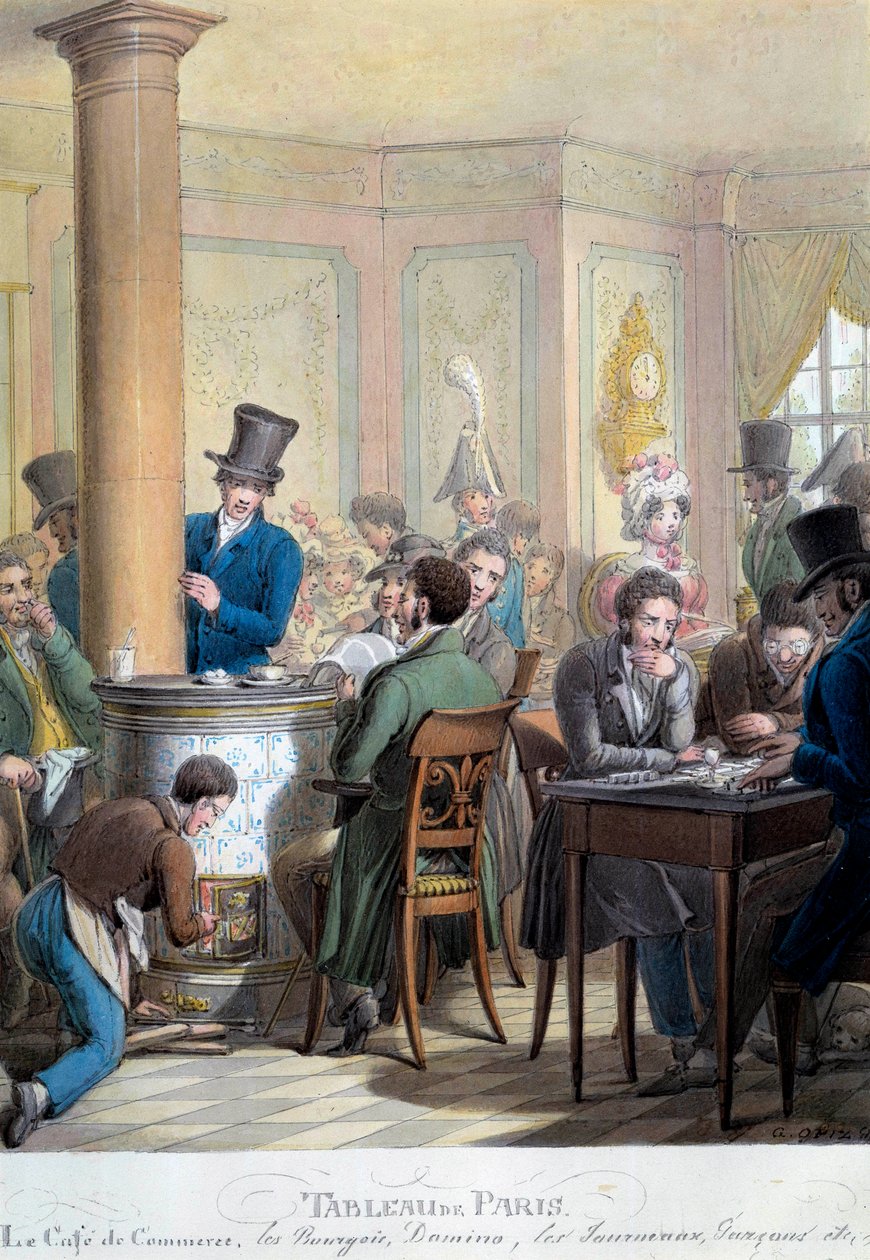 Pariisin pöytä: näkymä cafe du commerce -kadulle: porvarit puhuvat, pelaavat dominoa. George Emanuel Opitzin (1775-1841) litografia 1800-luku. Pariisi, Musee Carnavalet tekijältä Georg Emanuel Opitz