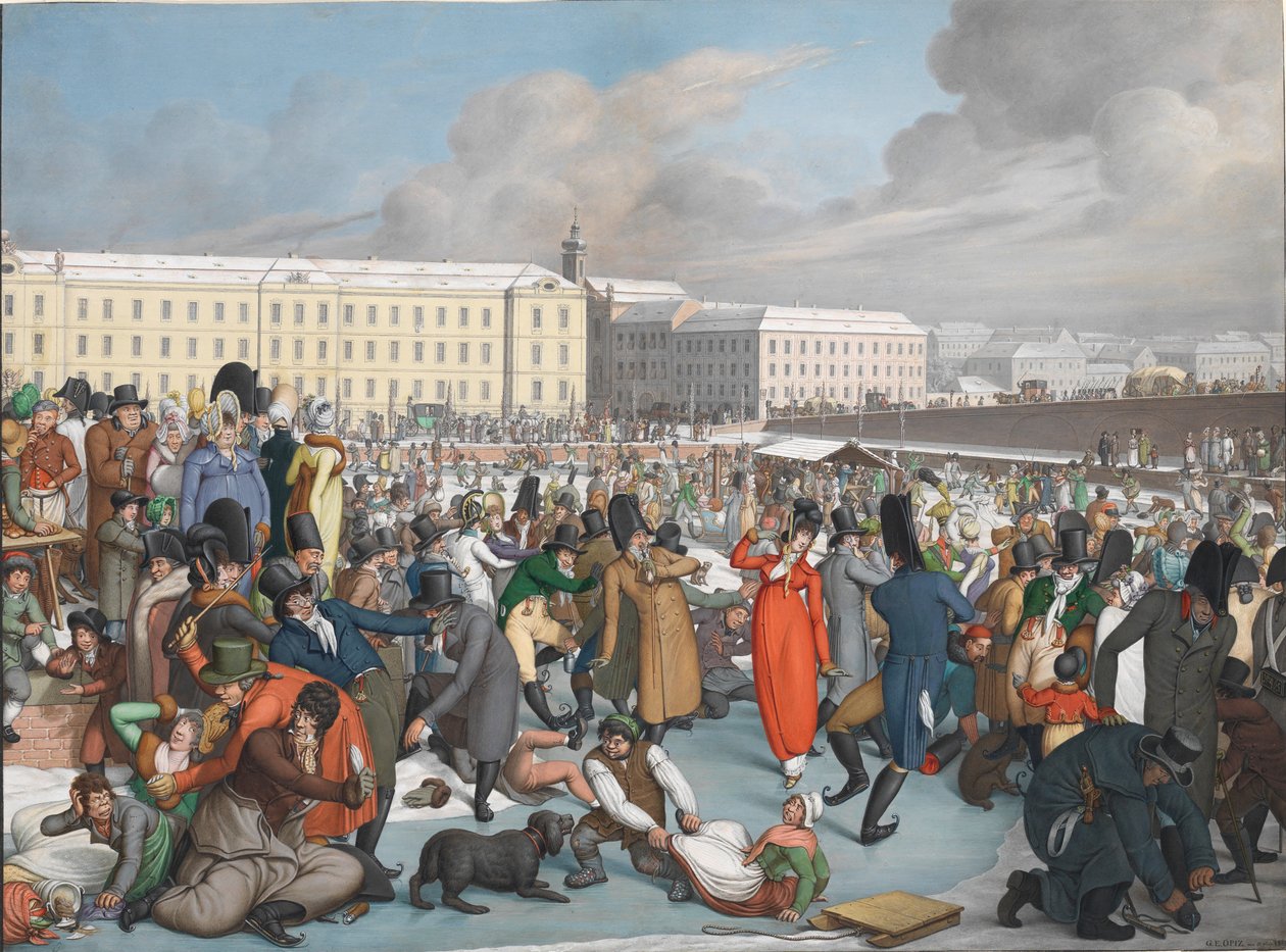 Luistelu Wiener Neustadtin kanavan jäätyneessä satamassa, 1805. tekijältä Georg Emanuel Opiz
