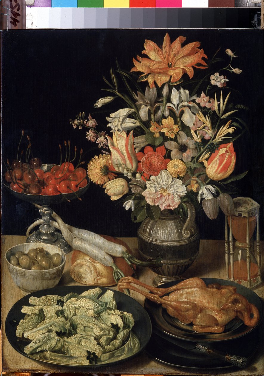 ""Asetelma kukilla, kanaa, tiimalasia, oliiveja, kirsikoita ja kaalia"" (Asetelma kukilla ja välipalalla) Georg Flegelin (1566-1638) maalaus 1630-1635 Mitat 52,5x41 cm Eremitaaši, Pietari tekijältä Georg Flegel