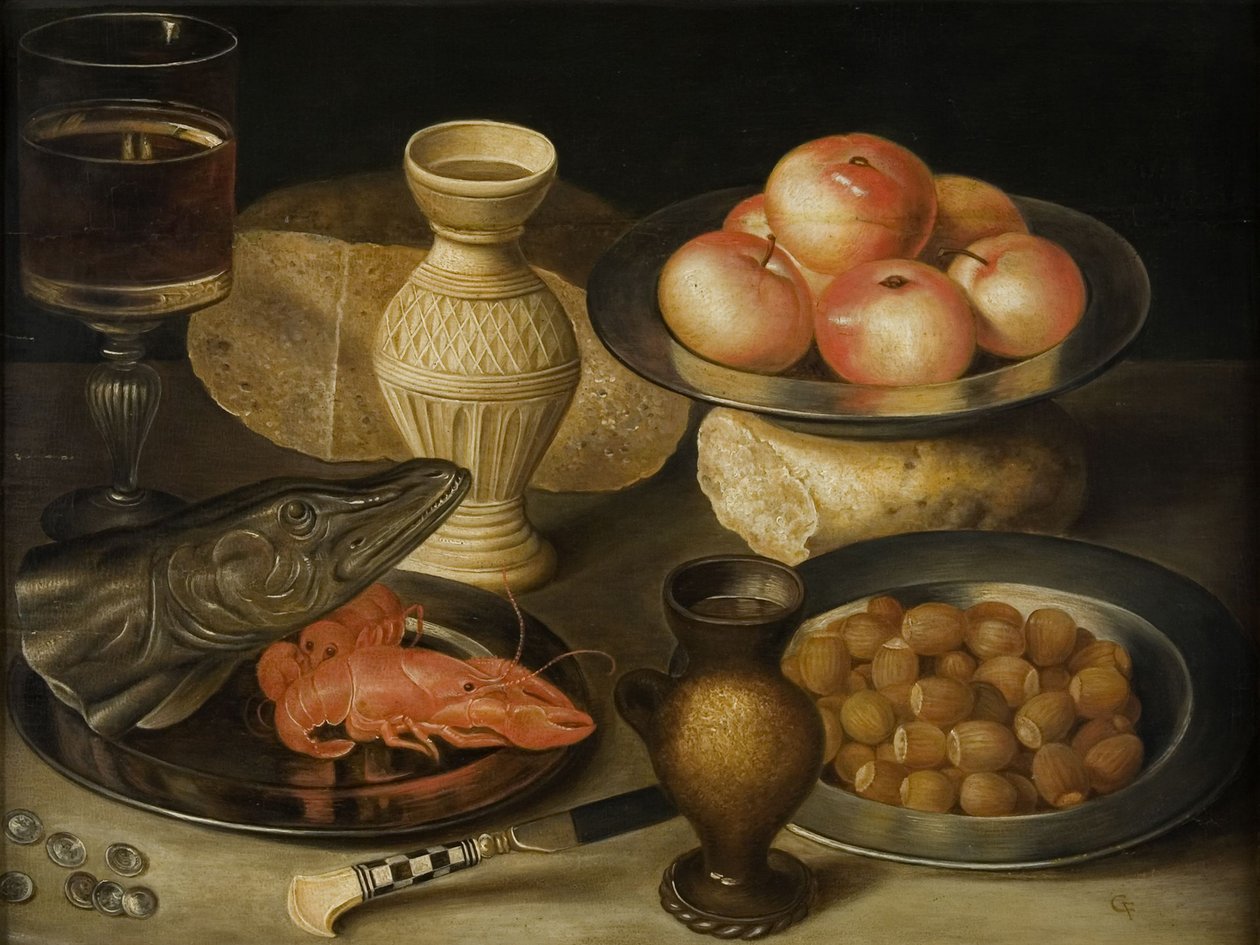 Asetelma Siegburgin kivitavarakannulla, lasilla, veitsellä, kahdella leivällä, 1700-luvun alku. tekijältä Georg Flegel