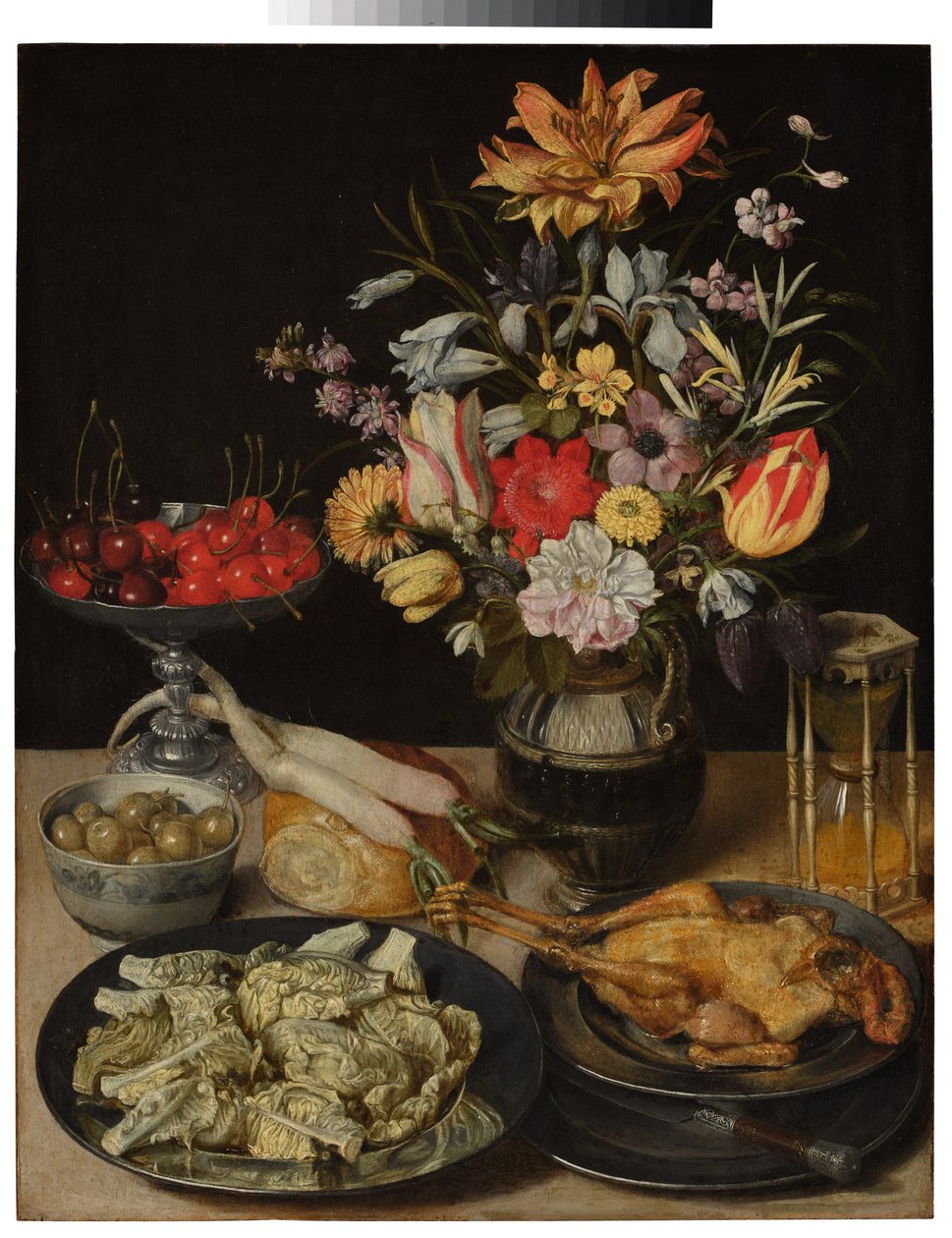 Asetelma, jossa on kukkia ja elintarvikkeita tekijältä Georg Flegel