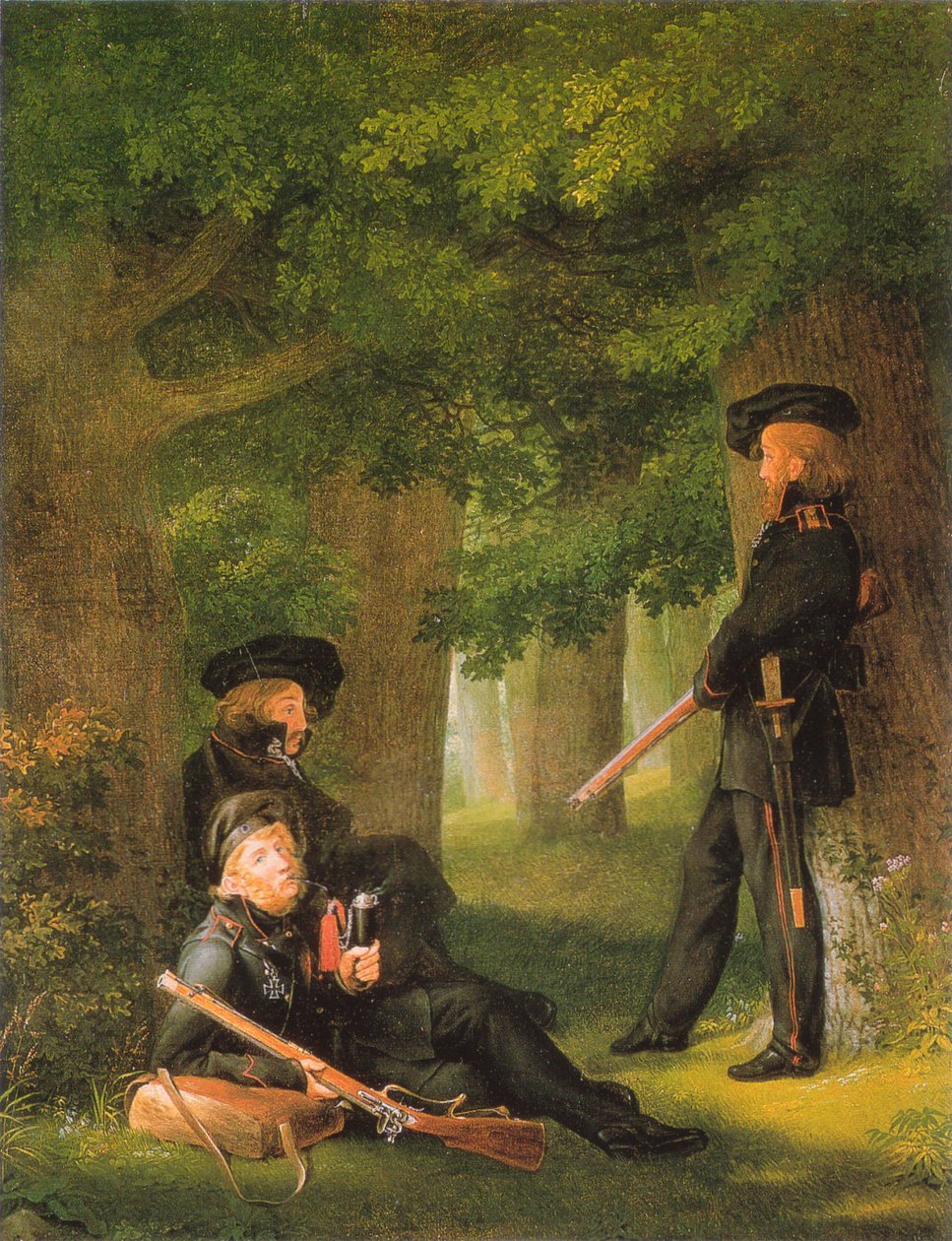 Saksa: Theodor Körner, Friedrich Friesen ja Heinrich Hartmann etuvartioaseman palveluksessa. tekijältä Georg Friedrich Kersting