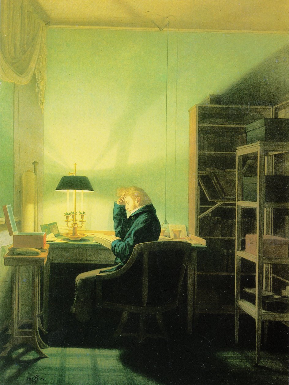 Mies lukee lampun valossa tekijältä Georg Friedrich Kersting