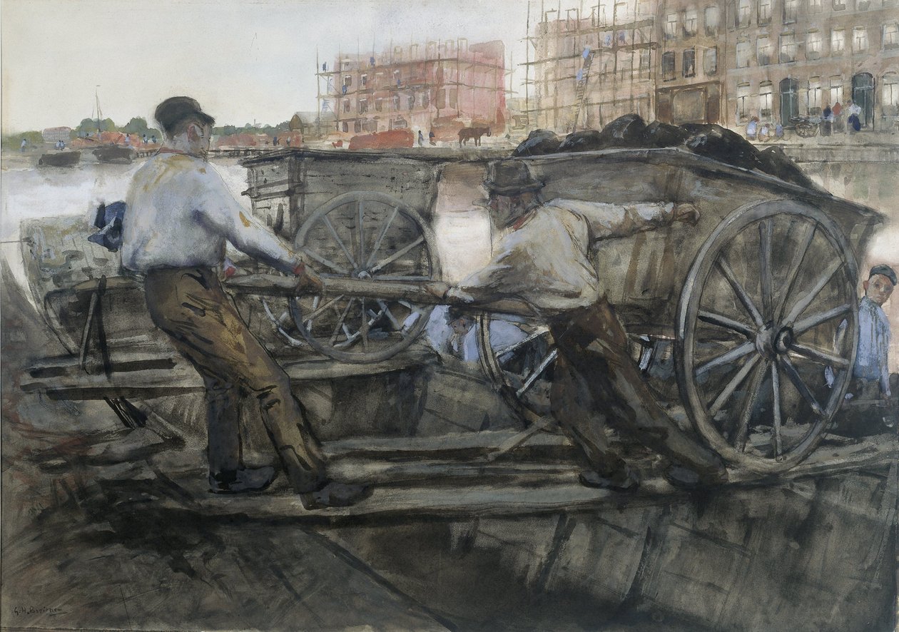 Työntekijät vetävät raskaasti kuormattuja kärryjä Jacob van Lennepkadella, Amsterdam, 1900. tekijältä George Hendrik Breitner
