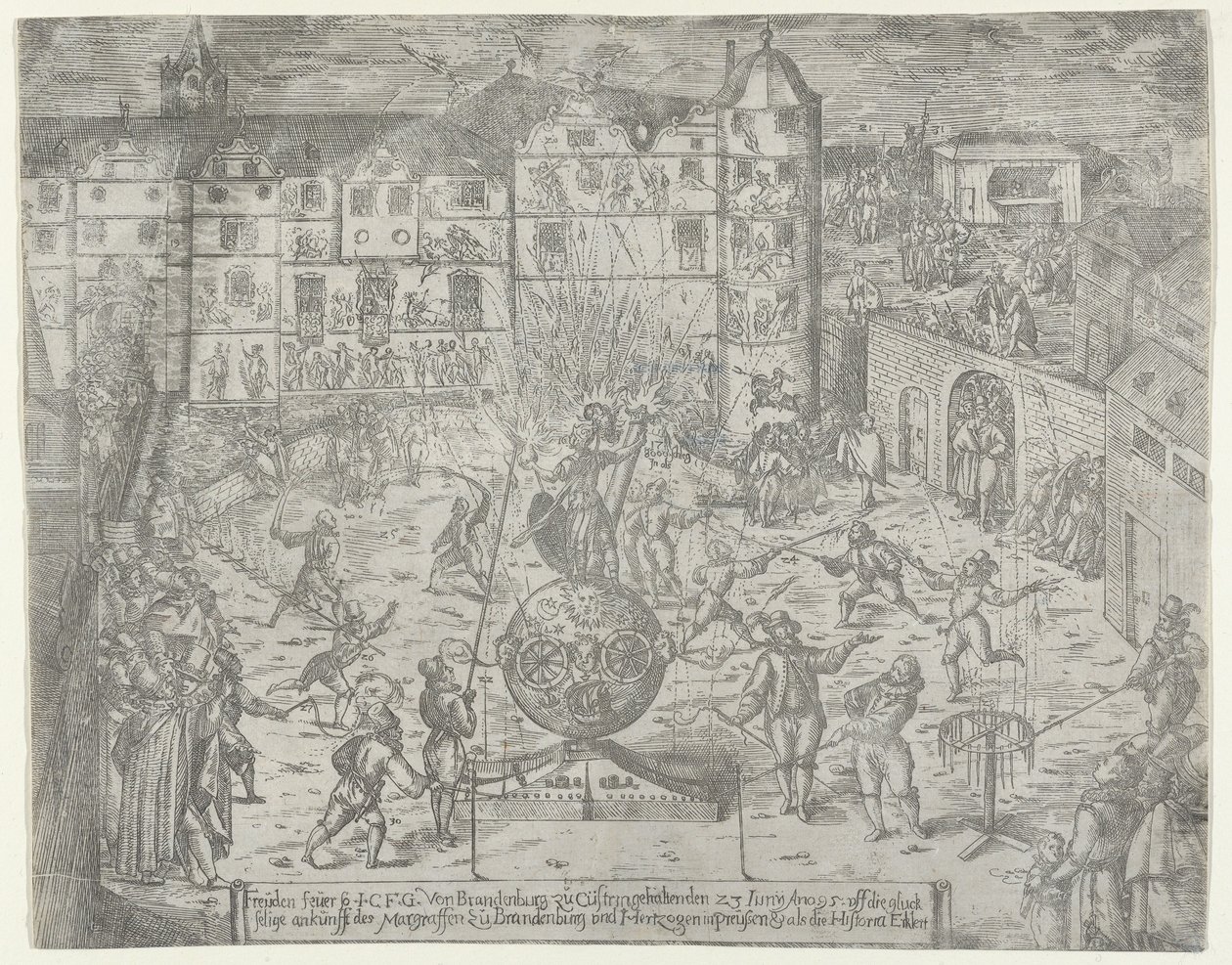 Ilotulitus 23. kesäkuuta 1595 Brandenburgin ja Du..., 1595 markkrahvin Küstrinin sisäänkäynnille.Ilotulitus 23. kesäkuuta 1595 Brandenburgin ja Du..., 1595 markkrahvin Küstrinin sisäänkäynnille. tekijältä Georg Keller