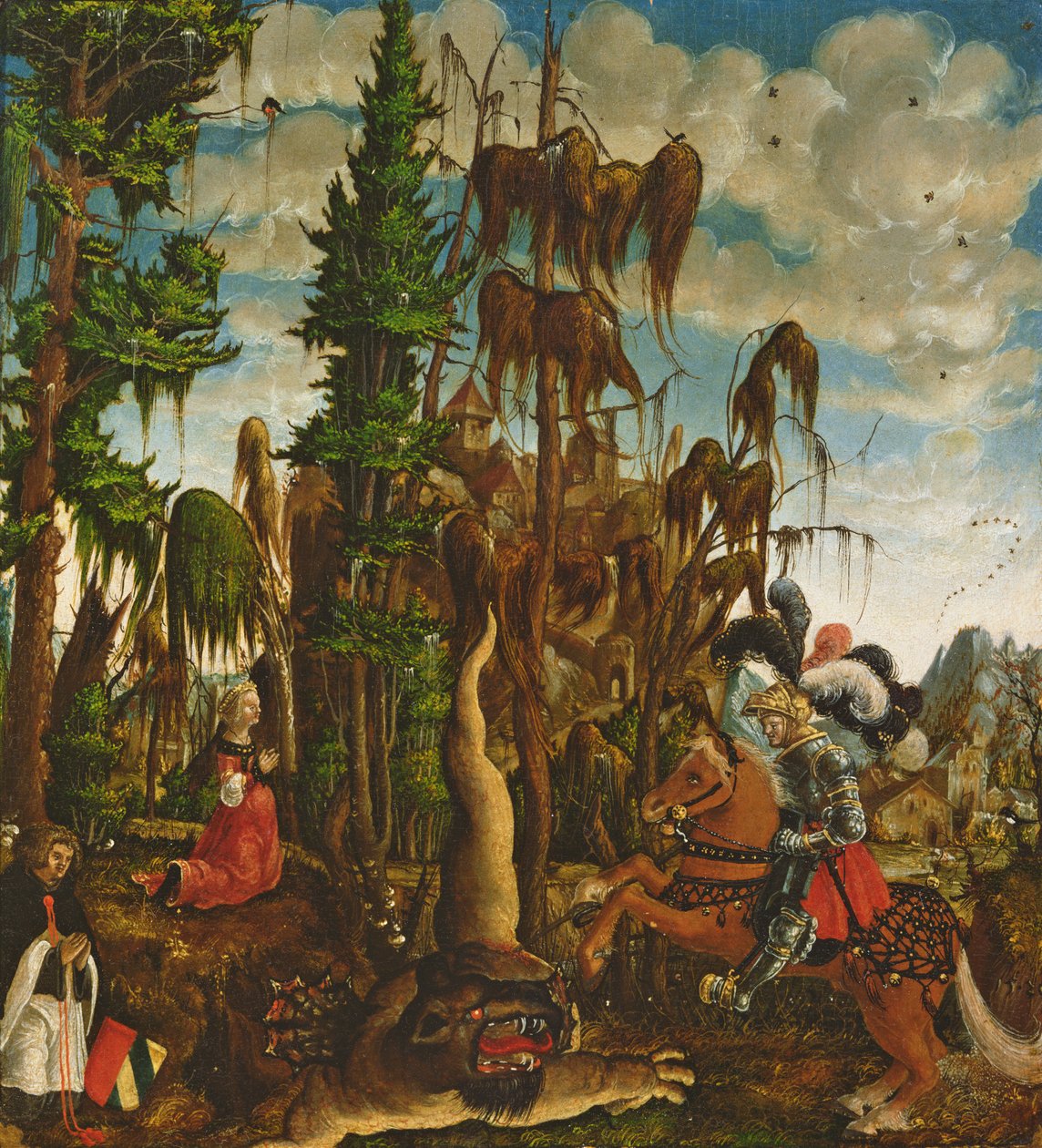 Pyhä Yrjö pelastamassa prinsessaa lohikäärmeeltä, 1520 tekijältä Georg Lemberger