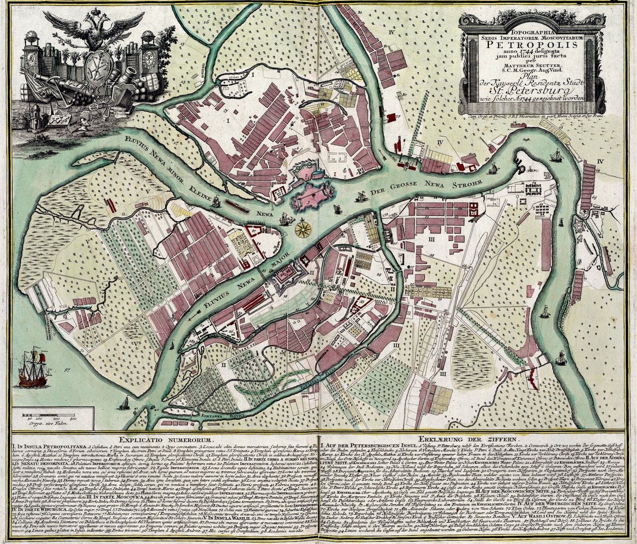 Pietarin kartta (Venäjä) - Matthaeus Seutterin (1678-1757) teos, kaiverrus ja akvarelli tekijältä Georg Matthäus Seutter
