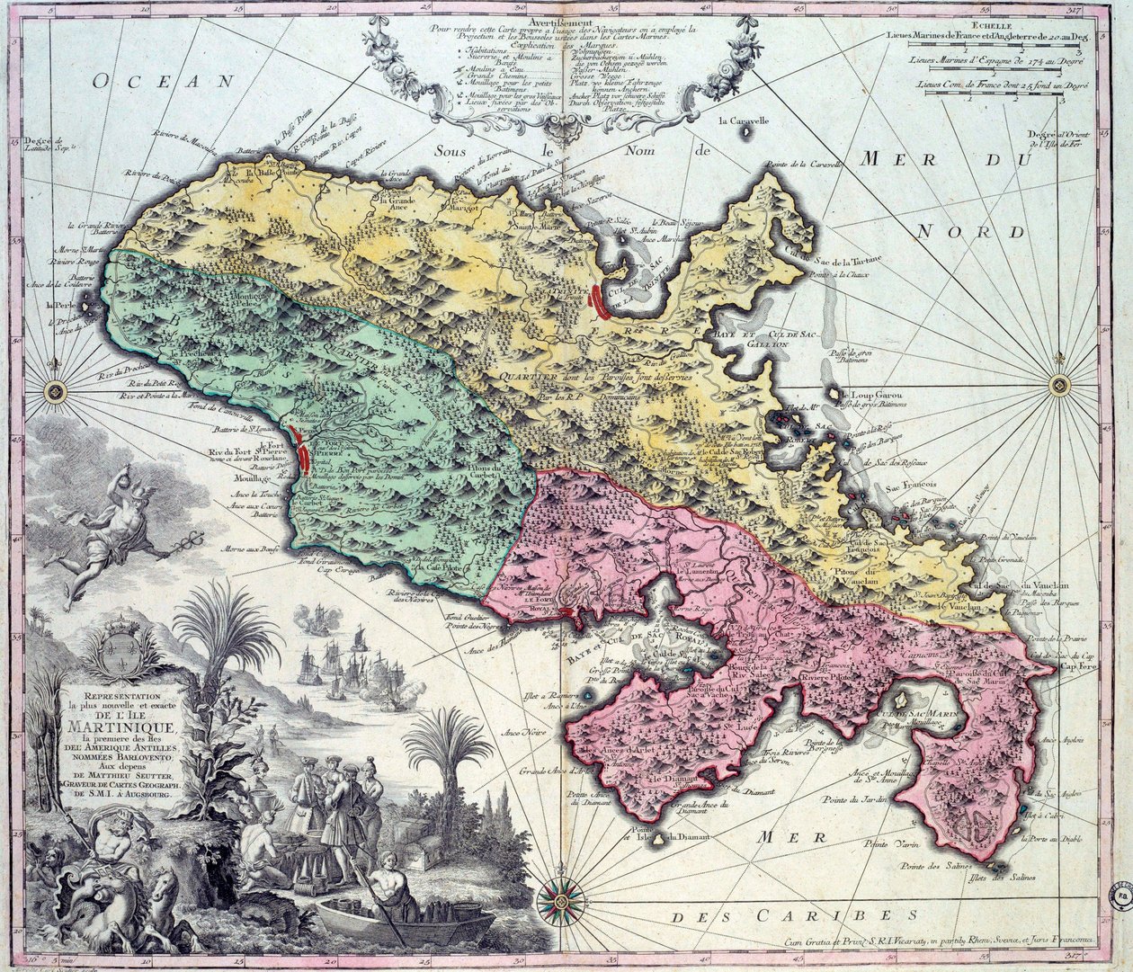 Yksityiskohtainen kartta Martiniquen saaresta Länsi-Intiassa. Matthew Seutterin (1678-1757) kaiverrus 1700-luvun Chartres, Musee des Beaux Arts tekijältä Georg Matthäus Seutter
