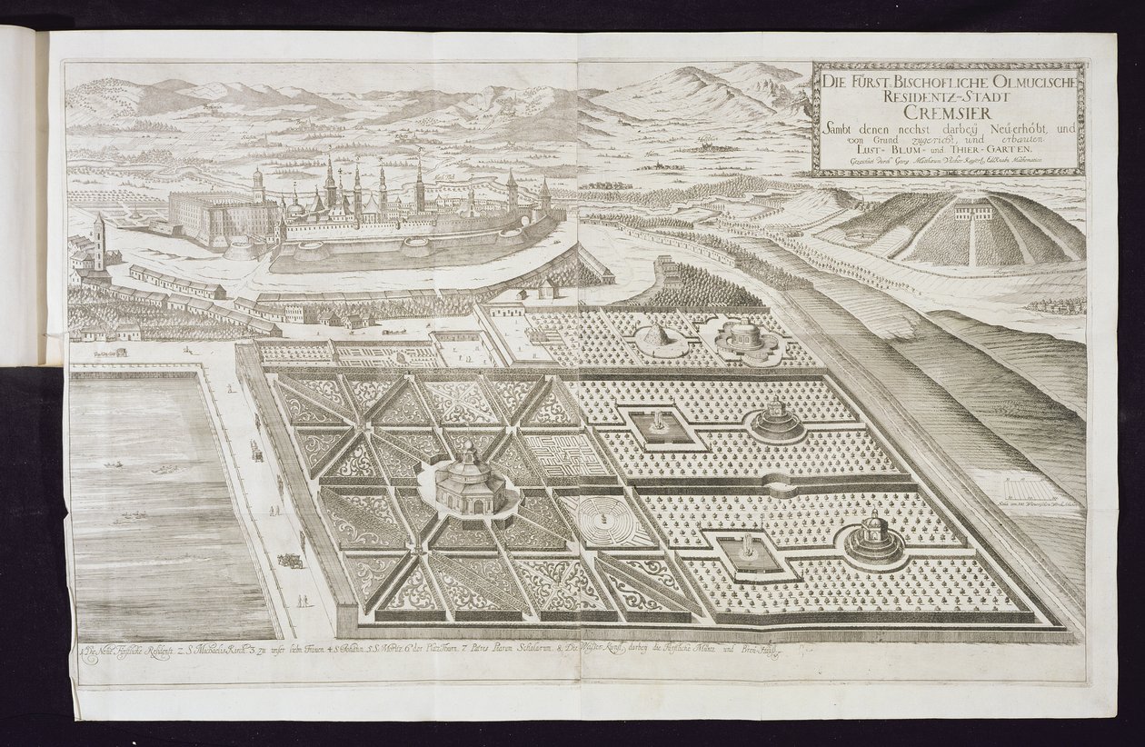 Cremsierin uudet puutarhat, prinssipiispan asuinpaikka, julkaistiin n. 1700 tekijältä Georg Matthaus Vischer