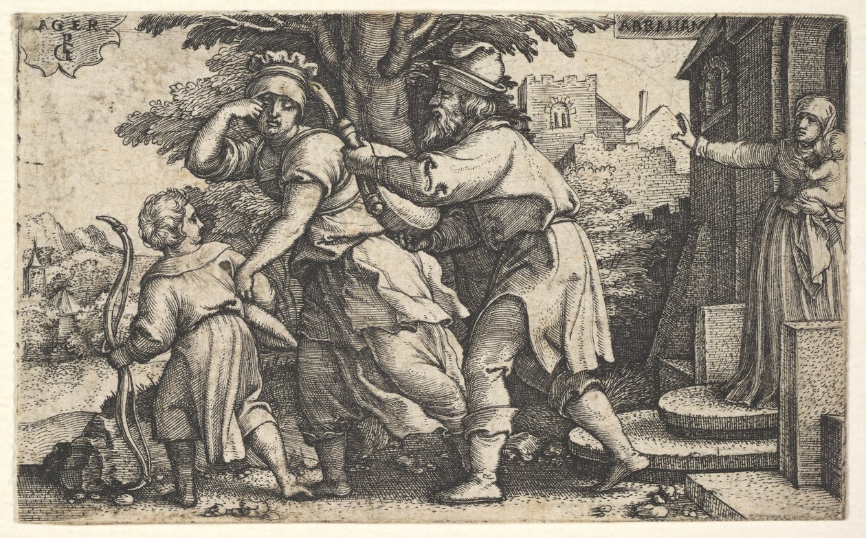 Abraham lähettää pois Hagarin ja Ismaelin: Abraham pitää esille astiaa kuten Hagar ja Ism..., n. 1543. tekijältä Georg Pencz