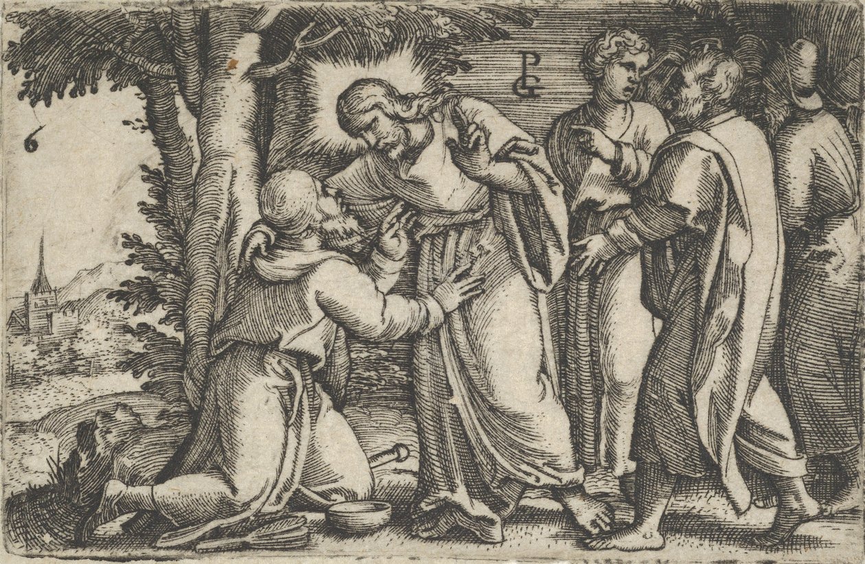 Kristus parantaa spitaalisen, tarinasta Kristuksen tarina, 1534-35. tekijältä Georg Pencz