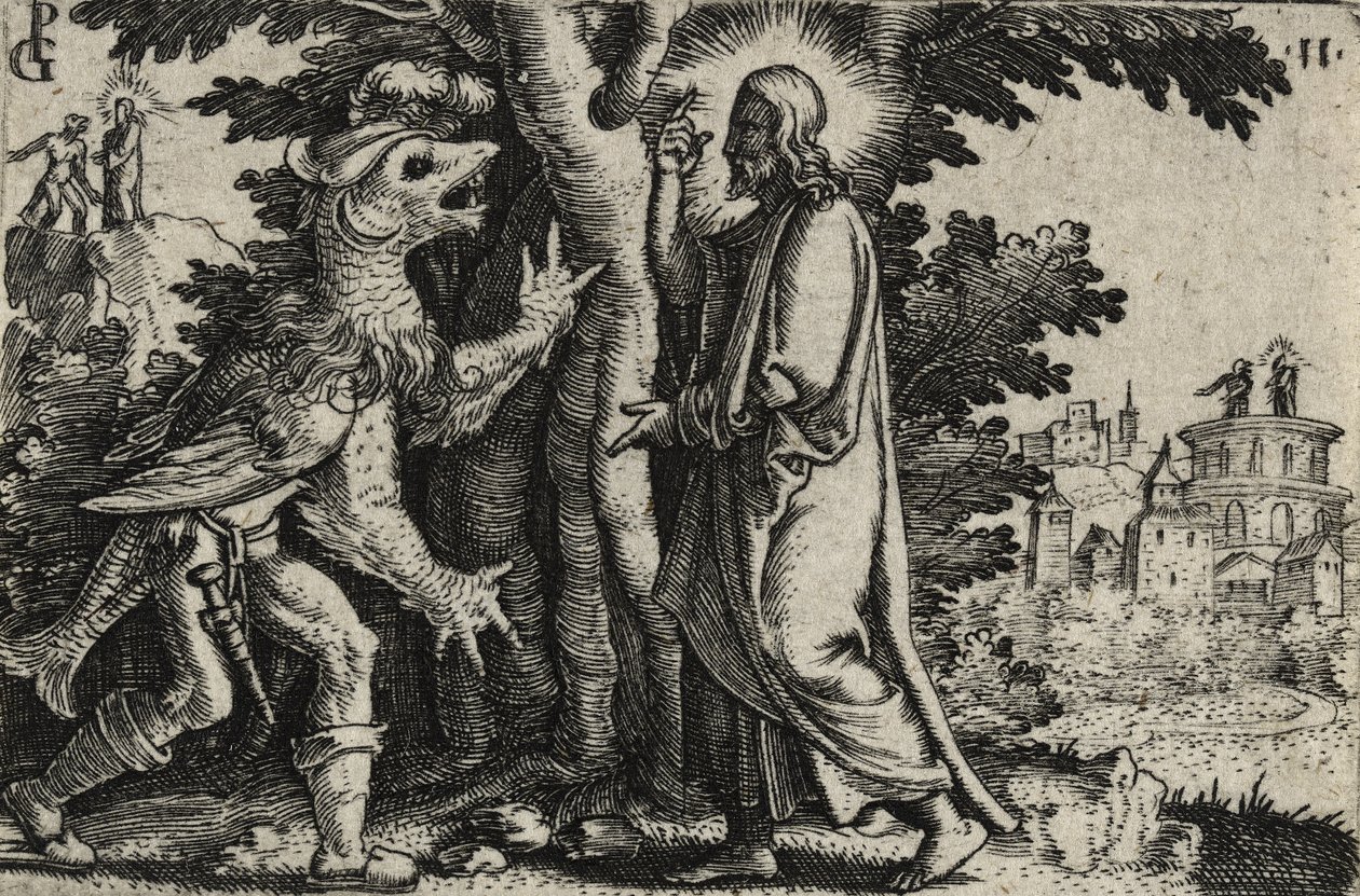 Paholaisen kiusaama Kristus autiomaassa (kaiverrus paperille) tekijältä Georg Pencz