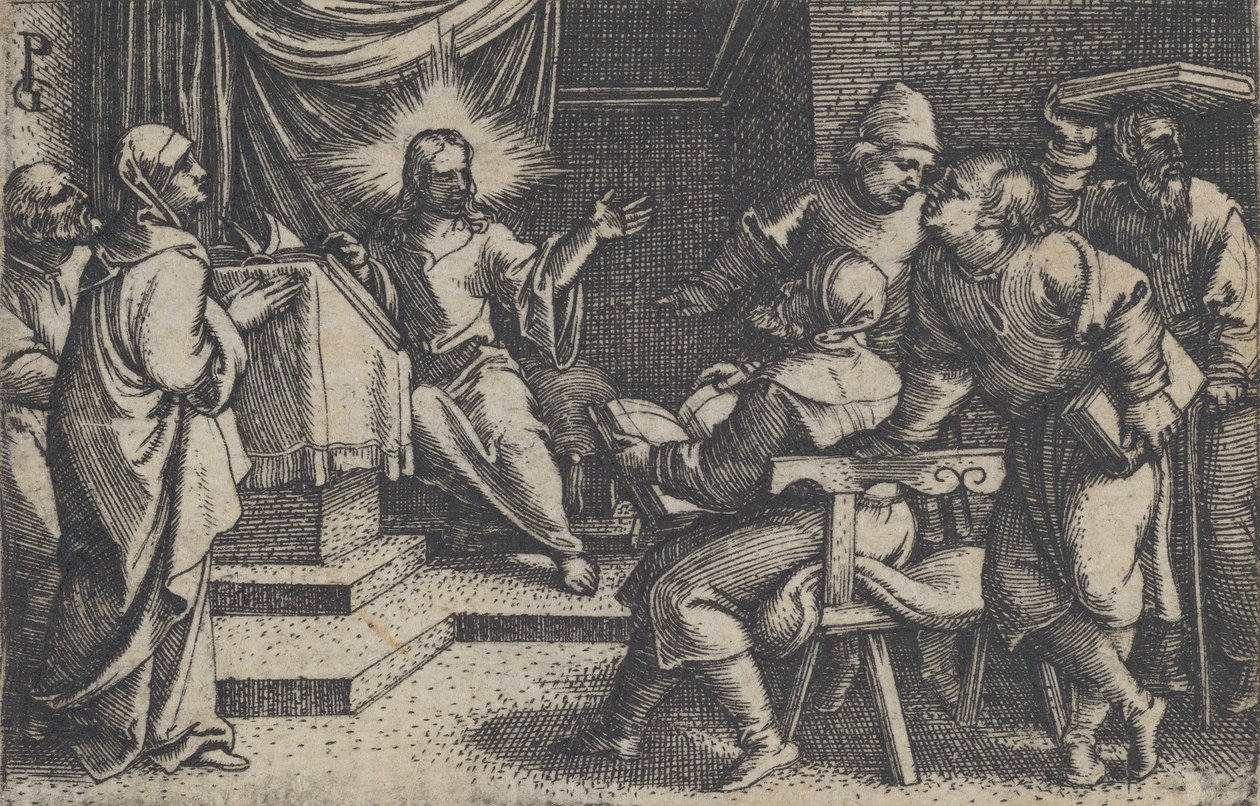Kristus lääkäreiden kanssa temppelissä, teoksesta The Story of Christ, 1534-35. tekijältä Georg Pencz