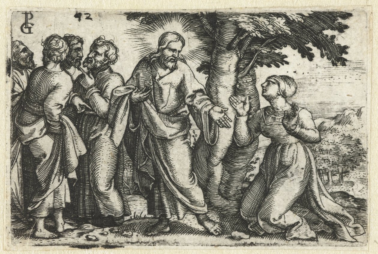 Kristus parantaa verta vuotavan naisen Kristuksen elämä (sarjan nimi) tekijältä Georg Pencz