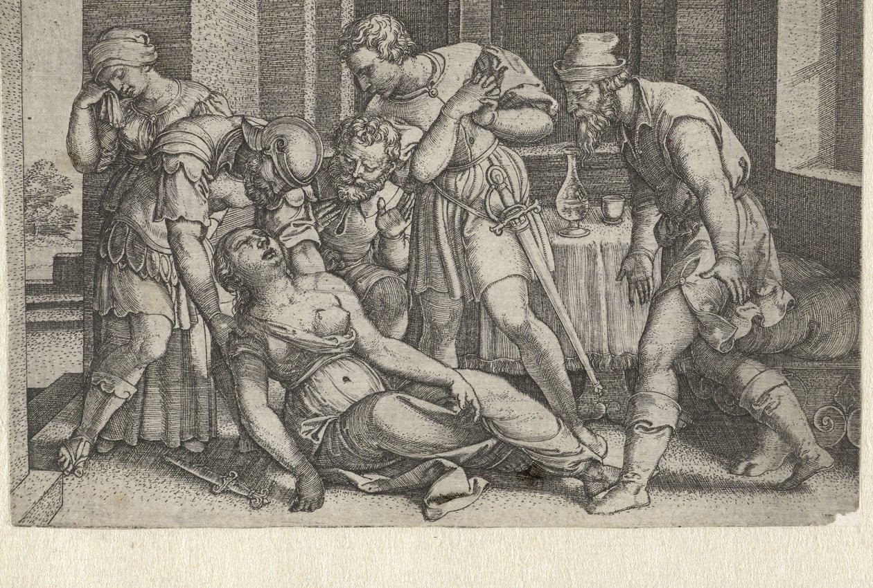 Collatinus ja Brutus kuolevassa Lucretiassa Tarinoita varhaisen Rooman historiasta (sarjan nimi) tekijältä Georg Pencz