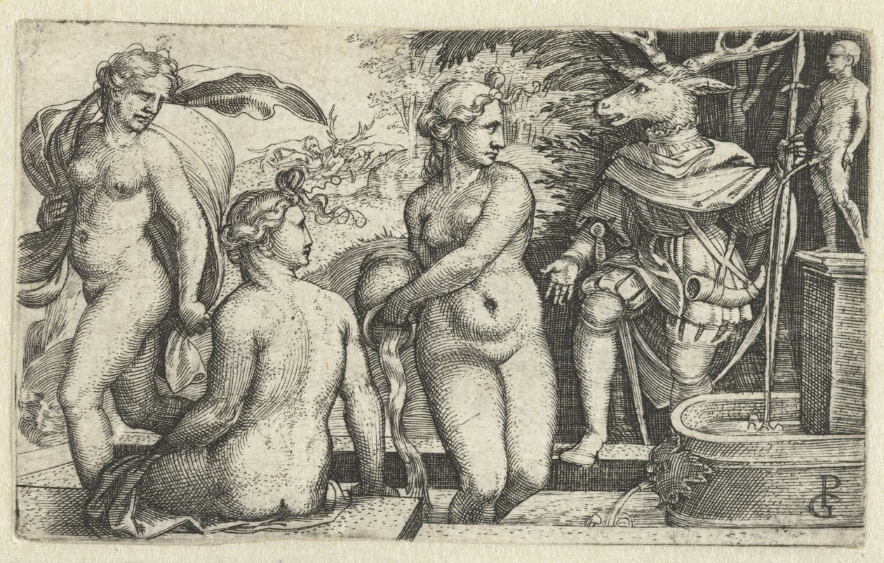 Diana muuttaa Acteonin hirviksi rangaistuksen vuoksi tekijältä Georg Pencz