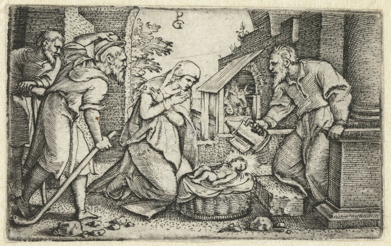 Syntymä ja paimenten palvonta Kristuksen elämä (sarjan nimi) tekijältä Georg Pencz