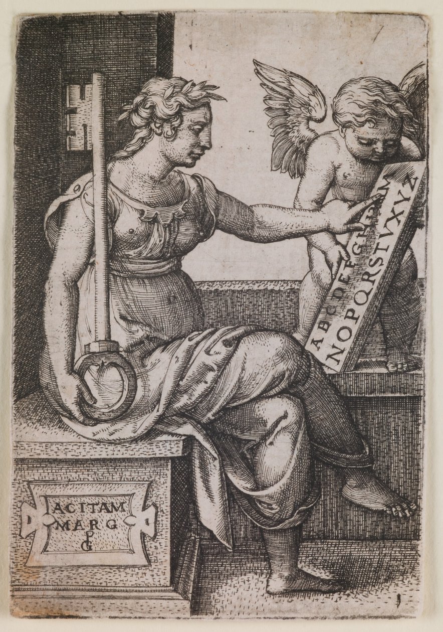 Grammatica, sarjasta "Vapaat taidot", noin 1541 (kaiverrus). tekijältä Georg Pencz