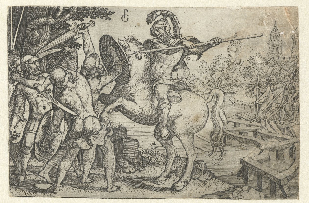 Horace Cocles puolustaa Tiberin ylittävää siltaa Tarinoita varhaisen Rooman historiasta (sarjan nimi) tekijältä Georg Pencz
