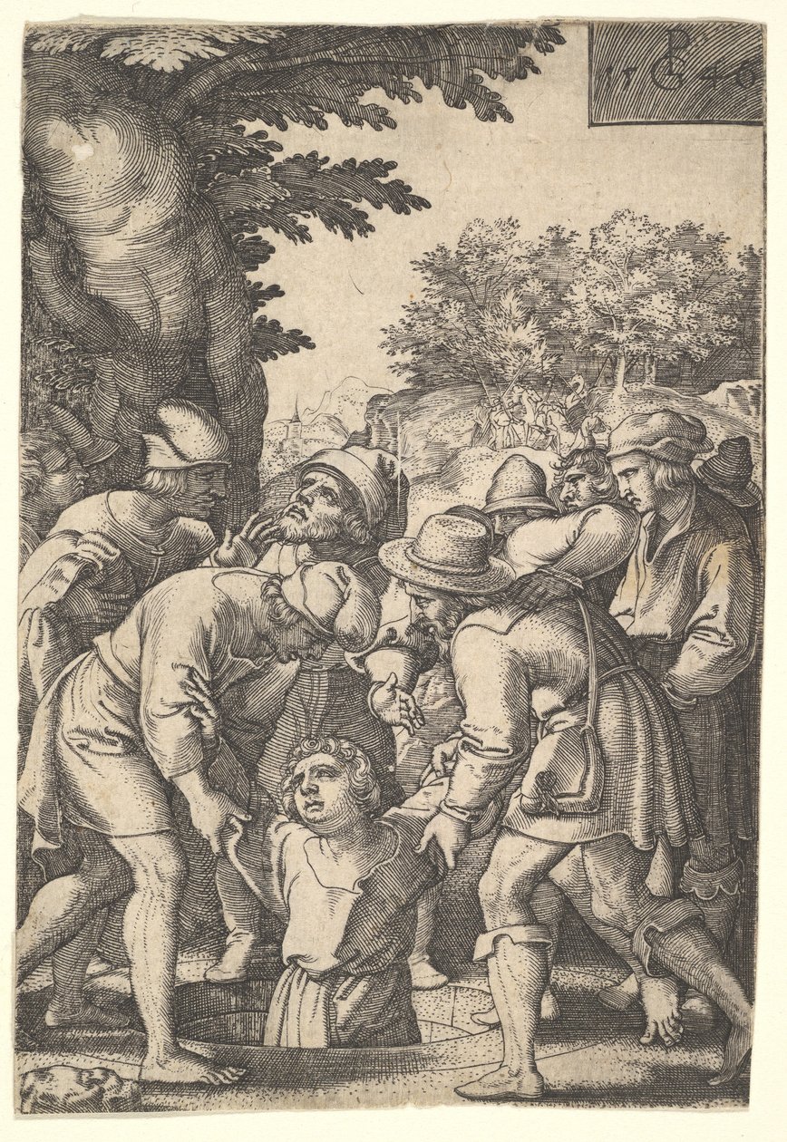 Joosefin veljet laskivat kaivoon sarjasta The Story of Joseph, 1546. tekijältä Georg Pencz