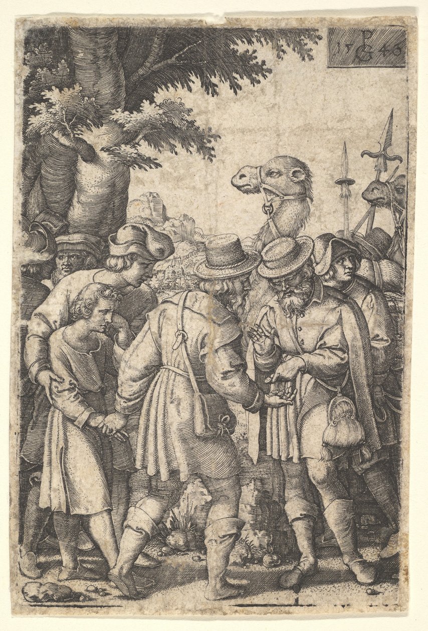 Joosef myi kauppiaille: parrakas mies, joka tarttuu Joosefiin vasemmalla kädellä, saa mukanaan..., 1546. tekijältä Georg Pencz