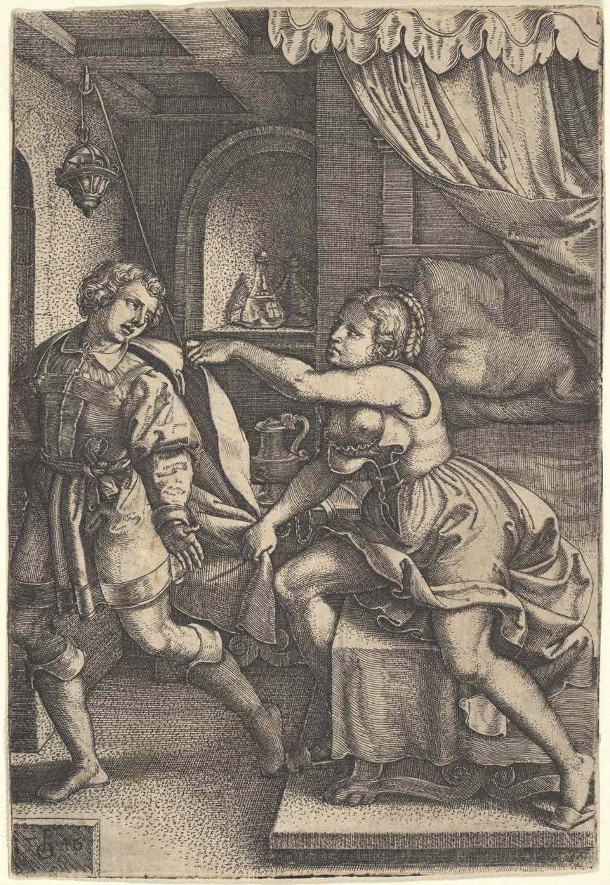 Joosef astuu pois Potifarin vaimon luota, joka puristaa vaippaansa molemmin käsin, kun hän st..., 1546. tekijältä Georg Pencz