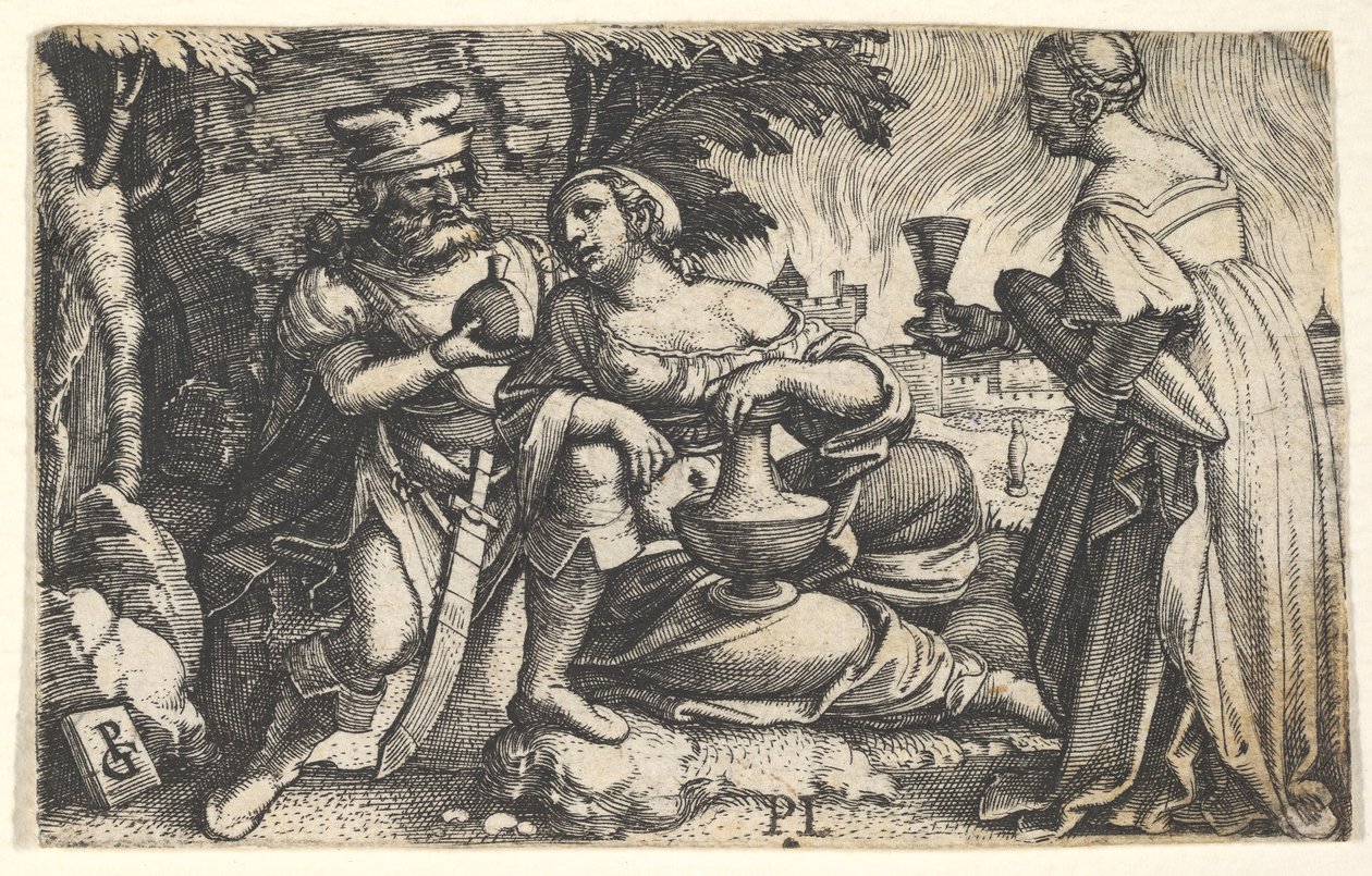Lot ja hänen tyttärensä: keskellä oleva tytär lepää oikean kätensä Lotsin polvella ja ve..., n. 1531. tekijältä Georg Pencz