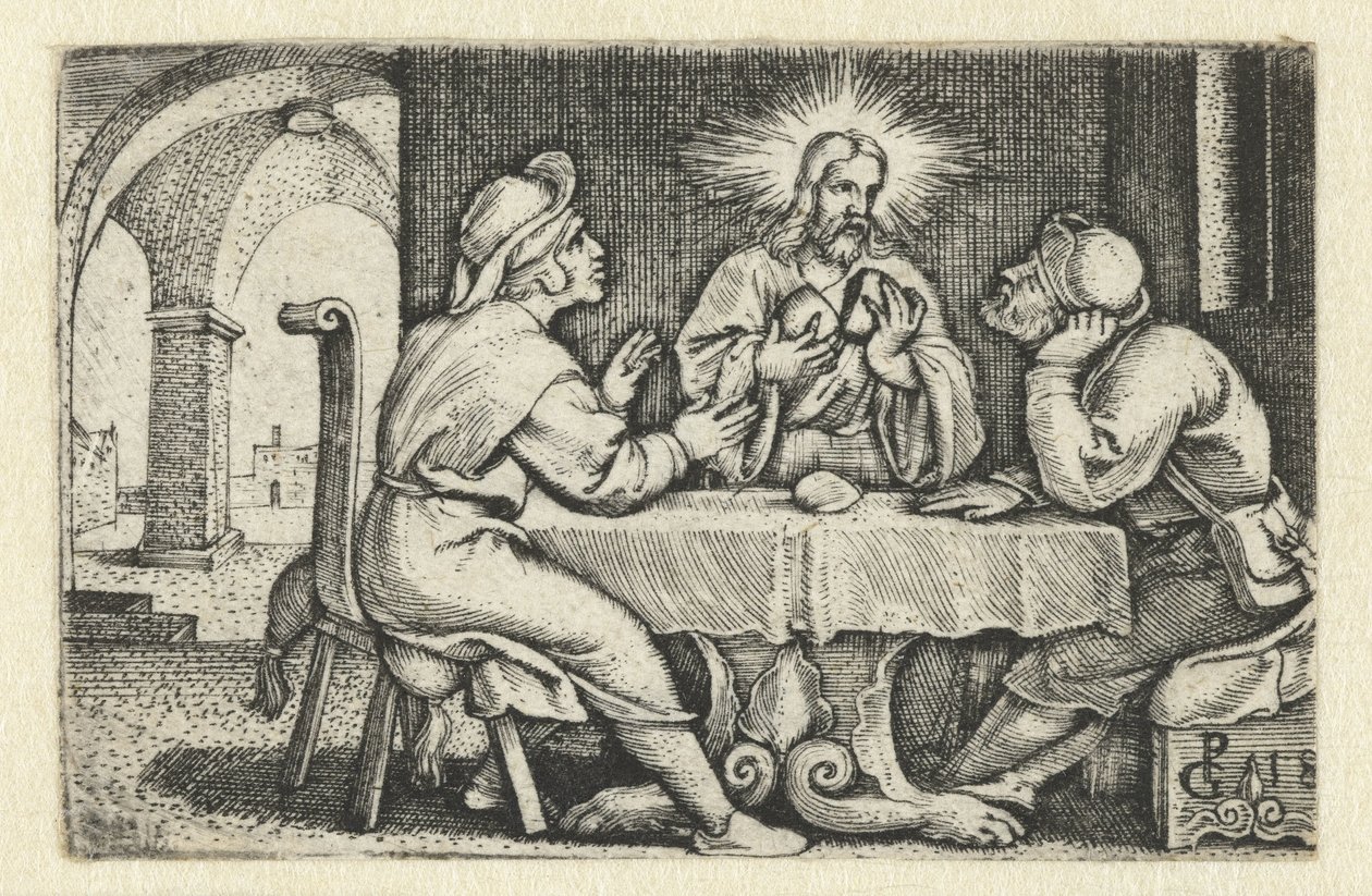 Ruokailu Emmauksessa Kristuksen elämä (sarjan nimi) tekijältä Georg Pencz