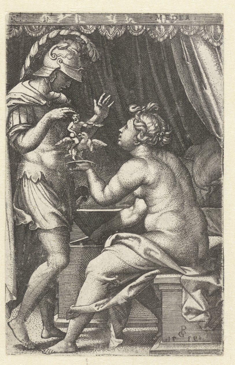 Medea antaa Jasonille kuvan Ganymedesta kotkan kanssa Medea palauttaa Penatenin Jasonille Medea (otsikko esineessä) Kreikkalaiset sankarittaret (sarjan nimi) tekijältä Georg Pencz