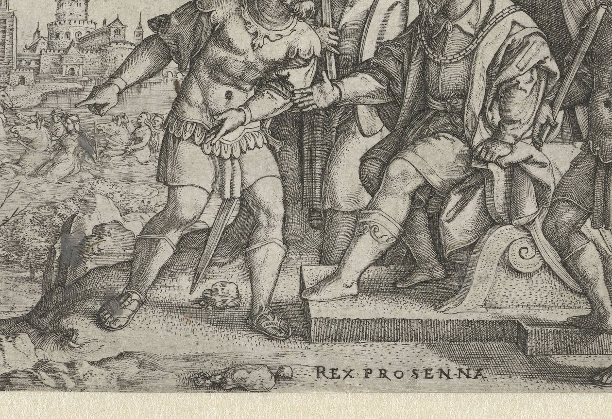 Porsenna kuulee, että Cloelia on paennut Rex Prosenna Cloelia (otsikko esineessä) Tarinoita varhaisen Rooman historiasta (sarjan nimi) tekijältä Georg Pencz